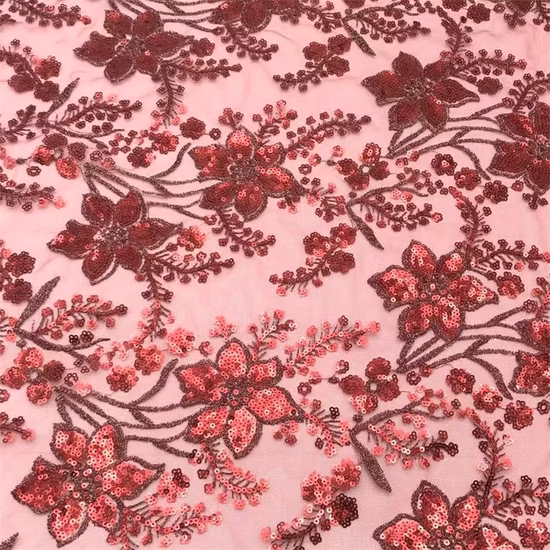 Yigao Textile Polyester rouge tricoté maille paillettes Net broderie dentelle tissu paillettes rouges